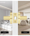 Heavy Duty Gold Door Knob And Lever Set, 6 Pack, Keyless Passage Door Hardware With Reversible 45 Degree Handle, Satin Brass Finish on door