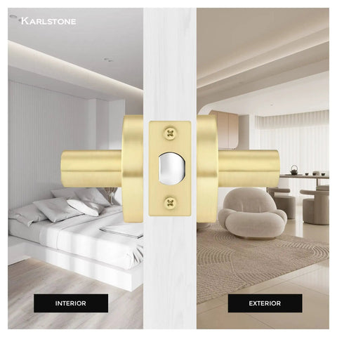 Heavy Duty Gold Door Knob And Lever Set, 6 Pack, Keyless Passage Door Hardware With Reversible 45 Degree Handle, Satin Brass Finish on door