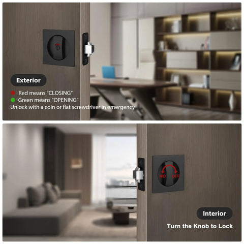 Pocket Door Lock Hardware Matte Black Privacy Lock with Indicator shown on sliding door, highlighting exterior and interior views.