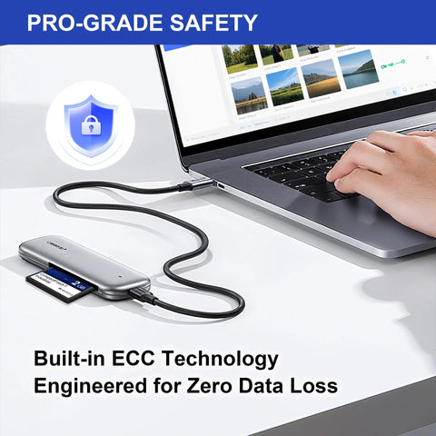Built Different Rock Solid Compact Flash Memory Card 2GB Type I SLC NAND connected to a laptop via an adapter for reliable data transfer.