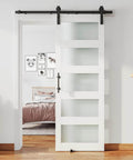 White Glass Barn Door Slab 28 By 84 Inches With Frosted Glass, PVC Surface, Included 5 Ft Hardware Kit installed in bedroom