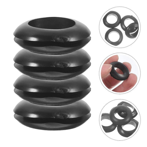 Heavy Duty Black Rubber Grommet Kit 4 Pack For Distribution Boxes Protect Cables With Flexible Heat Resistant Grommets For Wiring And Quick No Fuss Sealing Weatherproof Protection, four black rubber grommets stacked and shown in hand