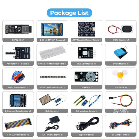 ESP32-S3 AI Voice Control Starter Kit With DHT11 Temperature Humidity Sensor Servo And Relay For Smart Home And IoT DIY Projects package list showing components like ESP32-S3, TFT screen, and various modules.