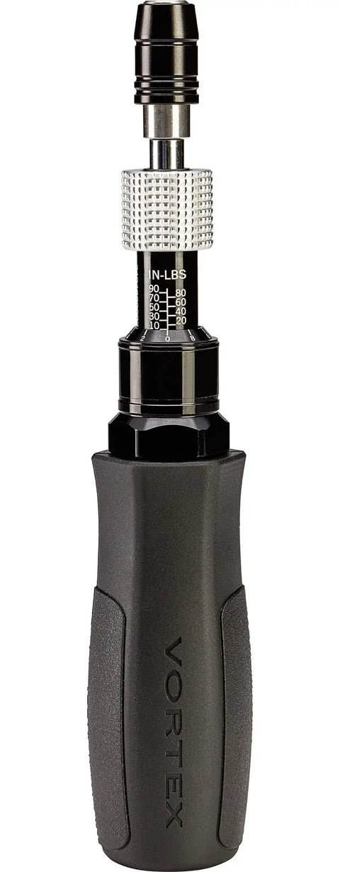 Pro Torque Wrench For Riflescopes With 10 To 90 In Lbs Torque Range 13 Bit Kit with black handle and silver calibration markings.