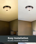 Two Light Flush Mount Ceiling Light With White Alabaster Glass In Oil Rubbed Bronze Finish installed in a room