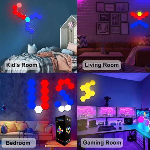 Hexagon LED Light Panels With Remote Control, Touch Sensor RGB Wall Decor Kit in different room setups, 10 Pack