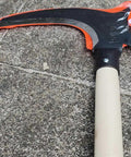 Long Handle Scythe Tool For Yard Work, Heavy Duty Sickle Garden Tool with replaceable blade and wooden handle on concrete surface