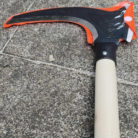 Long Handle Scythe Tool For Yard Work, Heavy Duty Sickle Garden Tool with replaceable blade and wooden handle on concrete surface
