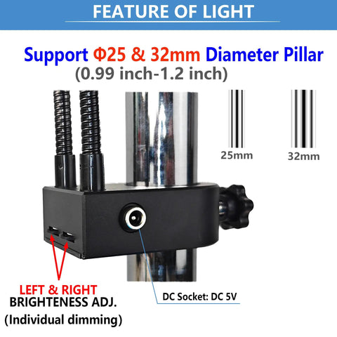 Dual Gooseneck Microscope Light Source 3W 6500K Spotlight Illuminator for 25mm and 32mm pillar, left-right dimming