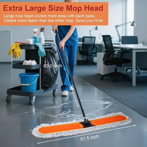 Heavy Duty Commercial Dust Mop With Extended Handle And Thick Cotton Pads For Slick Wet Or Dry Sweep and Badass Daily Cleanup Throughout Your Business Or Warehouse Space.