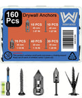 160 Piece Black Drywall Anchors And Screws Kit in package with detailed contents for various wall types.