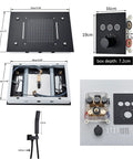 Straight Fire Black Shower System With Switchable Led Color Changing Lights And Wide Spray Rain Head Paired With Nifty Handheld Sprayer For Dang Smooth Diverter Valve Bathroom Flex dimensions with controls and fittings layout.