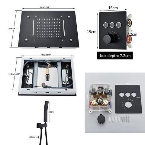 Straight Fire Black Shower System With Switchable Led Color Changing Lights And Wide Spray Rain Head Paired With Nifty Handheld Sprayer For Dang Smooth Diverter Valve Bathroom Flex dimensions with controls and fittings layout.