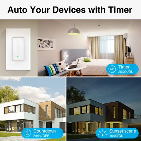Smart Dimmer Switch for Alexa and Google Assistant, WiFi Connected in living room with timer settings displayed