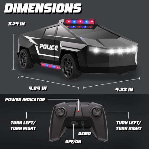 Dimensions of All Terrain RC Police Car Toy One Twenty Two Scale With 2 Point 4 GHz Remote Real Lights Durable ABS Body shown