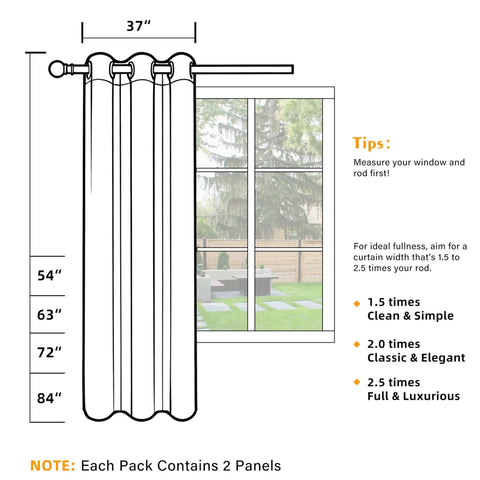 Diagram showing how to measure for Pack Of 4 Blackout Curtain Panels 37x84 Inches Charcoal Grey Lightweight Thermal Insulated Grommet Drapes.