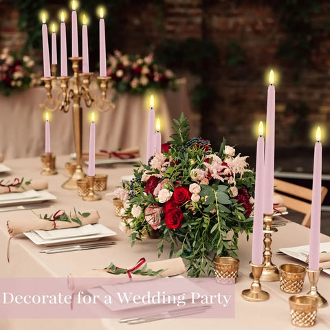 Pink 24 Pack Flameless Taper Candles 11 Inch LED Flickering Battery Operated on wedding table centerpieces with flowers
