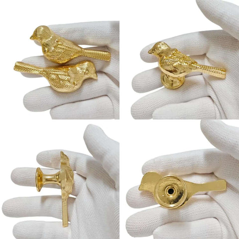 Must Have Bird Shaped Cabinet Knobs Set of 2, vintage metal drawer pulls in gold finish, showcased in gloved hand, 2.36 inches