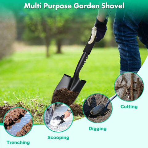 Person using 31 Inch Lightweight Metal Garden Shovel With 6 Inch Wide Flat Spade Handy Little Workhorse For Digging Planting Transplanting