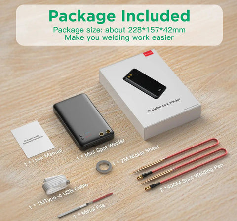 Mini Spot Welder Portable Welding Tool package with 40cm pen, Type C cable, and accessories for DIY 18650 battery projects