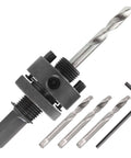 7/16 in shank hole saw arbor with quick-change mandrel, includes four high-speed steel pilot bits and Allen key