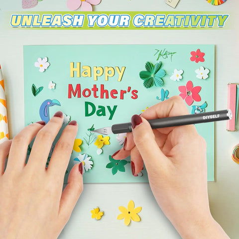Exacto Knife Set With Case, 12 Piece Precision Craft Knife Kit in use for creative Happy Mother's Day card decorating.