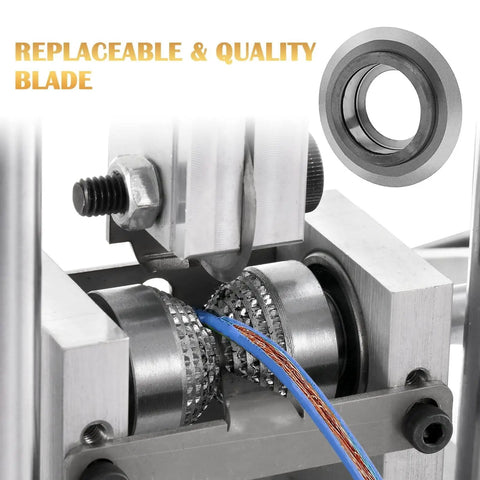 Close-up of Heavy Duty Manual Wire Stripper With Drill Mount Cable Peeler showing replaceable quality blade for copper stripping.
