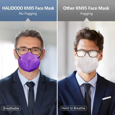 Comparison of HALIDODO KN95 Face Mask with purple color vs regular white mask, showing breathable comfort, no fogging, suits men.