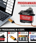 Premium Coreless RC Plane Servos Featuring All Metal Gears And Hella Smooth Micro Digital Servo Motor connected to a laptop for programming.