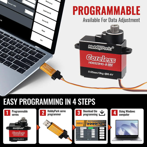 Premium Coreless RC Plane Servos Featuring All Metal Gears And Hella Smooth Micro Digital Servo Motor connected to a laptop for programming.