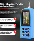 Portable Surface Roughness Tester With Ultra-High 0.001μm Resolution, Pro-Grade Digital Profilometer For Ra Rz Rq Rt RSm And More, 20H Battery Life, DSP Chip, 100 Data Storage, Handheld Precision Gauge displayed with screen and buttons visible.