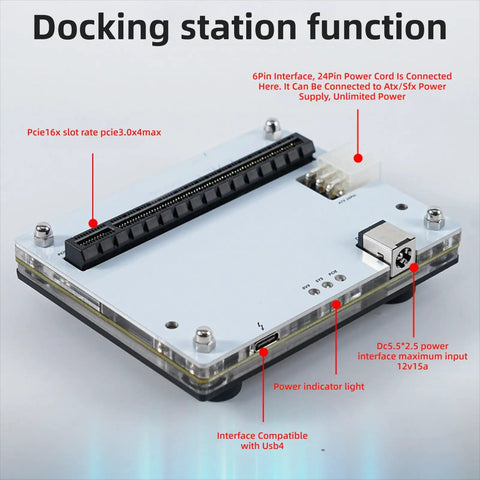 Next Level External Egpu Enclosure Dock Station With Usb4 Thunderbolt 3 And 4 Connectivity Pcie 16X Graphics Expansion rack mount showing interfaces and power specifications.