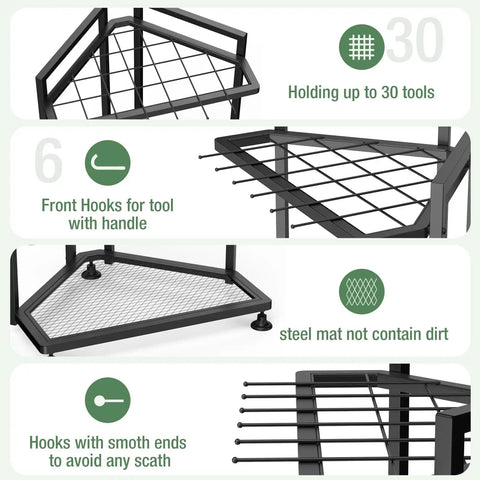 Corner Triangular Garden Tool Organizer for Long Handled Tools and Rakes Brooms Heavy Duty Steel Yard Tool Storage Rack details