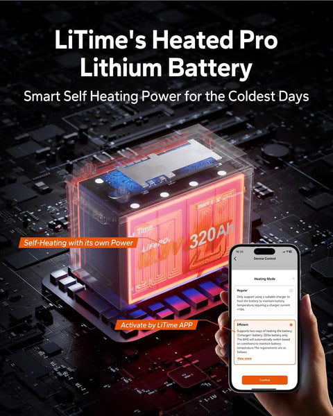 Close-up of Compact 12V 320AH LiFePO4 Battery With Fast Self Heating Element For Rv Trailers Solar Setups And Marine Yachts.