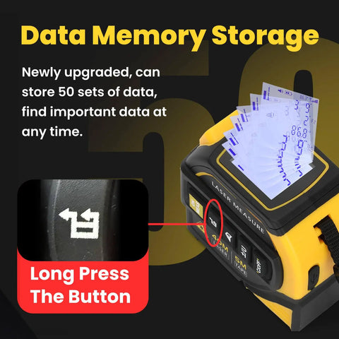 4 In 1 Laser Tape Measure With Level And Crosshairs, 130 Ft Laser Range And 16 Ft AutoLock Tape, Large LCD Display, Measures Area, Volume, Pythagorean And Cosine With Crosshair Precision For Quick DIY And Home Projects, yellow and black handheld unit with data memory button