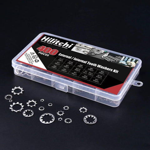 Front view: Hilitchi 400-piece stainless steel external/internal tooth star washer kit in a clear plastic case; M2–M12.