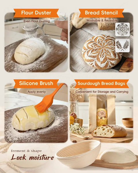 Complete Sourdough Starter Kit For Beginners And Bakers With Round Banneton Proofing Basket, tools for sourdough baking.