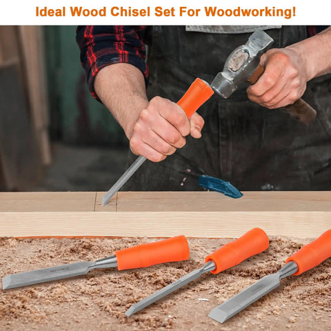 4 Piece Wood Chisel Set With Steel Hammer End And Ergonomic Plastic Handles For Woodworking Includes 6mm 12mm 18mm And 24mm Chisels Pro Grade And Handy For Carving Shaping And Craft Projects