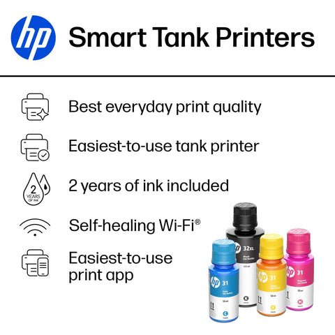 Smart Tank 5000 Wireless All In One Ink Tank Printer With Scanner And Copier, Two Years Of Ink Included, shown with ink bottles