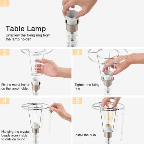 Assembly steps for Crystal Table Lamp for Bedroom Nightstand With USB Ports, showing fixing ring, metal frame, and bulb installation.