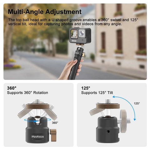 Ultra Compact Metal Ball Head With One Quarter Inch Thread, 360 Degree Swivel And 125 Degree Tilt, Beefy Heavy Duty Tripod Mount For DSLR, Mirrorless, Camcorder, Action Cam, LED Light And Light Stand, Max Load 11 Lb on a hand grip