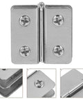 2 Pack Heavy Duty Stainless Steel Glass Door Hinges Adjustable Thickness For Cabinets Display Cases And Wine Cabinets Decorative And Durable Easy Installation No Drilling Strong Support For Glass Doors, shown with close-up details of screws and hinge mechanism
