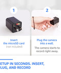 Plug-In Indoor Camera With No WiFi Needed, Full HD 1080P Clarity setup steps: insert microSD and plug into wall for recording.