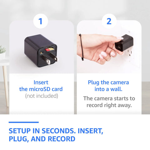 Plug-In Indoor Camera With No WiFi Needed, Full HD 1080P Clarity setup steps: insert microSD and plug into wall for recording.