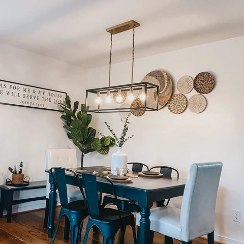 Dope Industrial Modern Farmhouse Kitchen Island Light Chandelier In Black And Brass 5-Light Rectangular Bar Pendant dining room