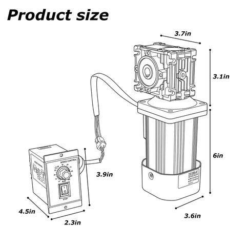Solid 120W AC Worm Gear Motor Featuring Massive 18Nm Torque And A Smooth Variable Speed Controller For Adjustable 90-1600Rpm Operation Plus Tough Aluminum Build for Industrial Use, with dimensions displayed.