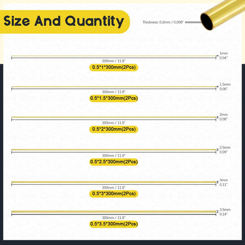 Pro Grade Brass Tube Kit Round Brass Tubes Set 6 Sizes 1mm To 3.5mm OD 0.2mm Wall 300mm Length 12 Pieces 2 Each Size Seamless