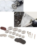 65 Piece Cutting Wheel Set For Glass Tile Metal With HSS Resin Cutters shown cutting glass and displayed with discs and attachments