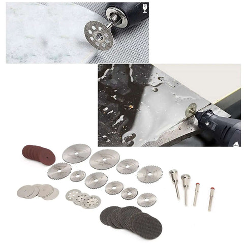 65 Piece Cutting Wheel Set For Glass Tile Metal With HSS Resin Cutters shown cutting glass and displayed with discs and attachments