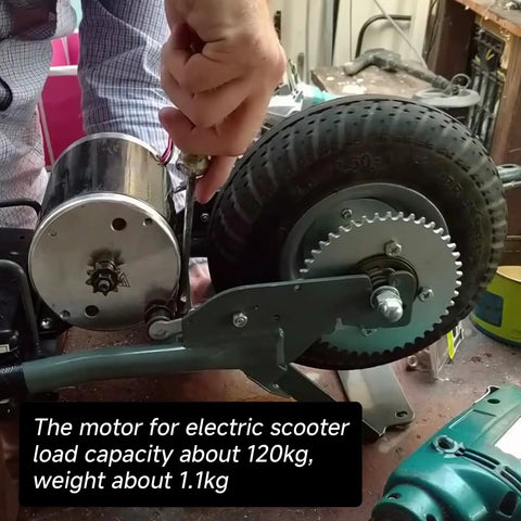MY6812 12V 120W High Speed Brushed Motor installed on an electric scooter with 9 tooth gear visible